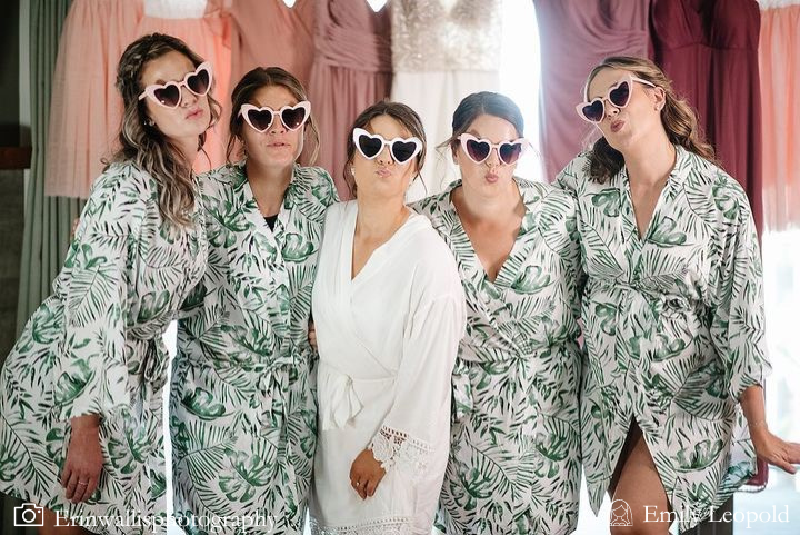 bridal party wearing palm leaf tropical robes