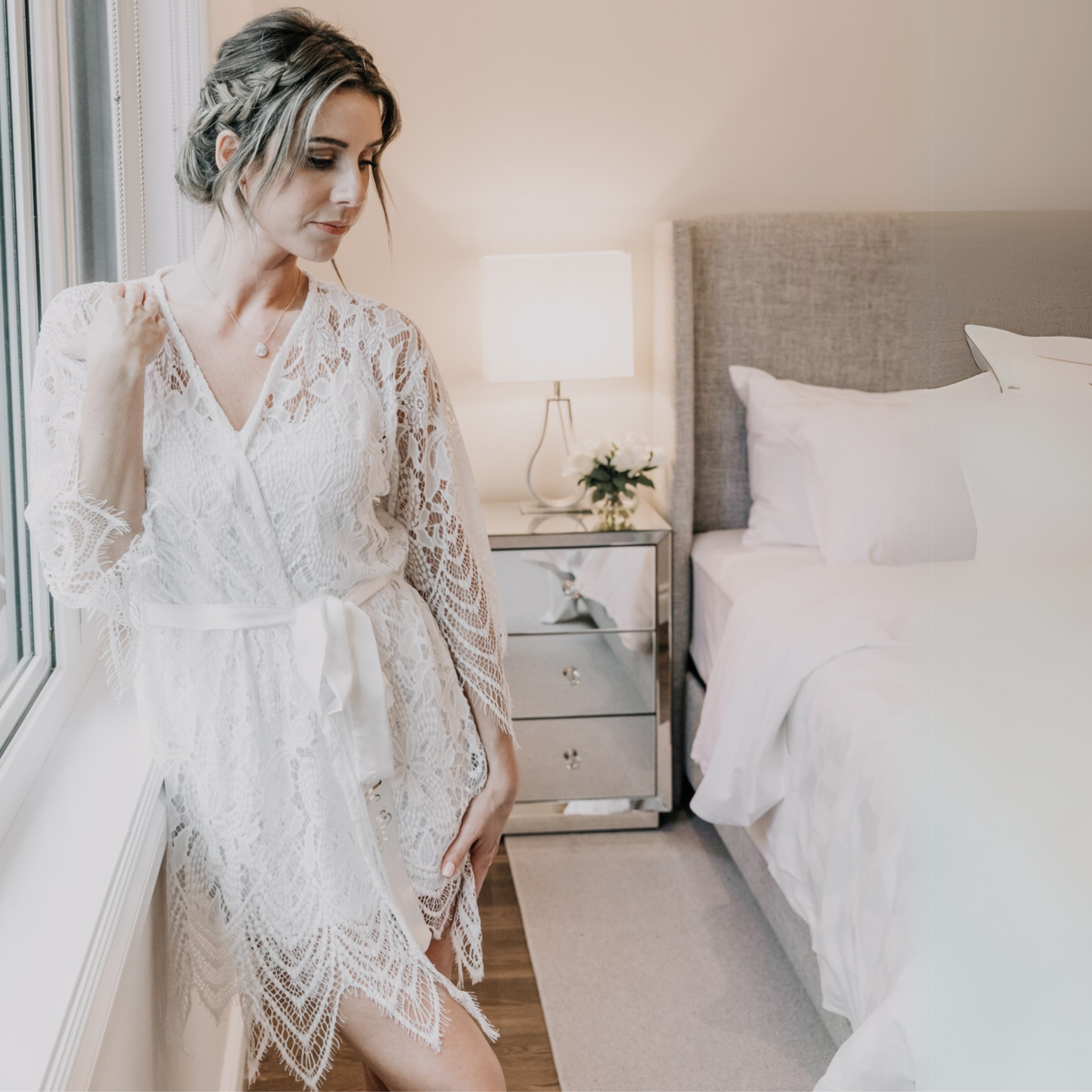 Lace bride robe, knee length, canada bride robe