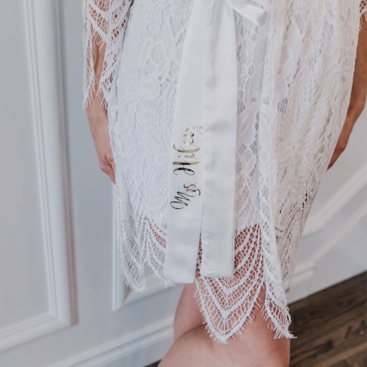 Lace Bride Robe, knee length, satin robe belt, custom last name