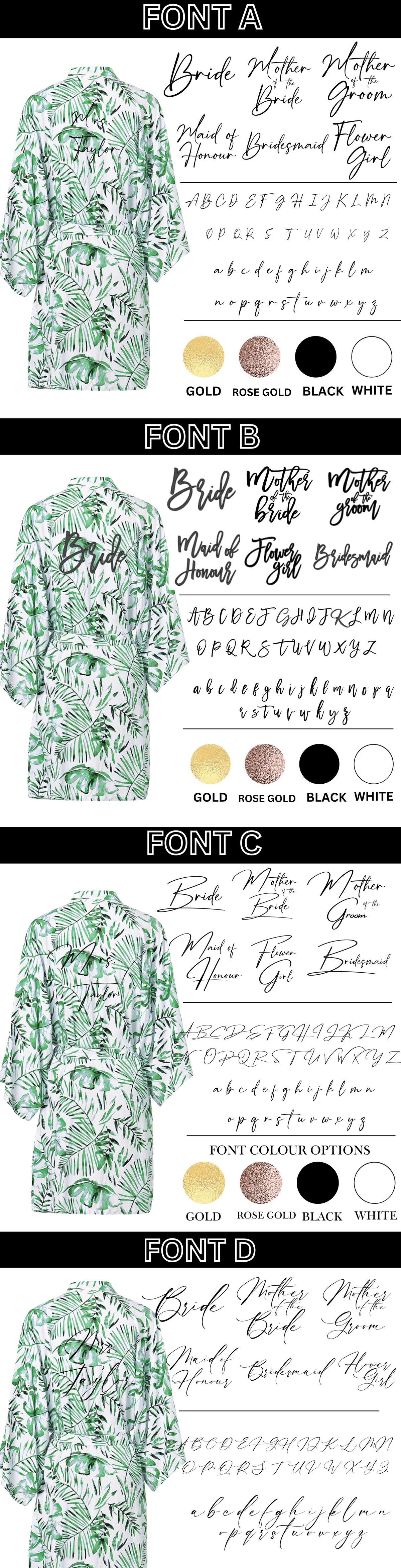 Palm Leaf bridesmaid robe font style chart