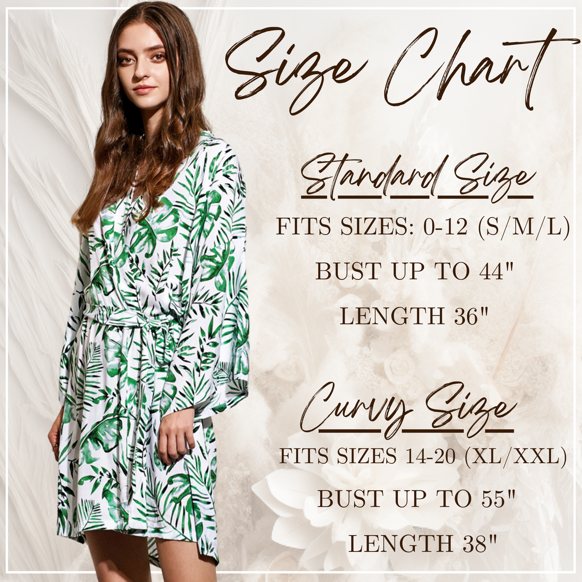 Palm leaf bridal party robe size chart