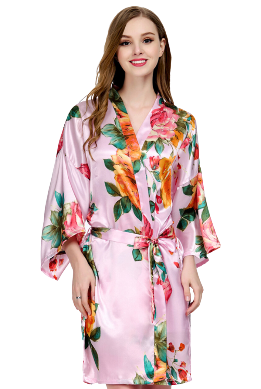 Pink Floral satin bridal party robe