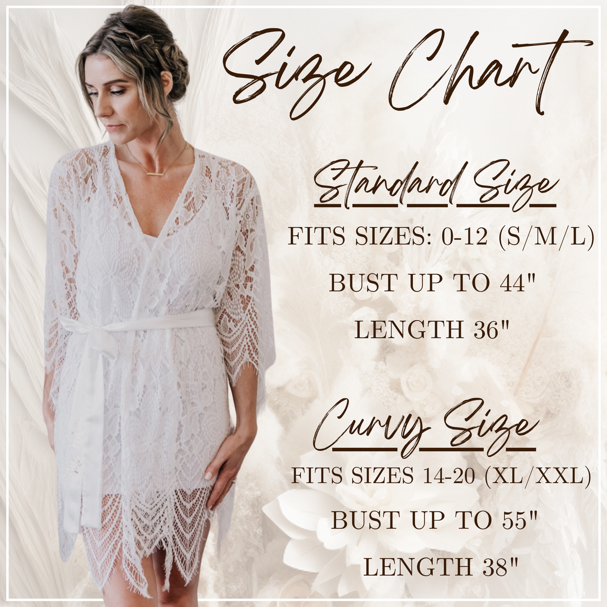 Robe Size chart, Bride Robe, Lace bridal robe, knee length