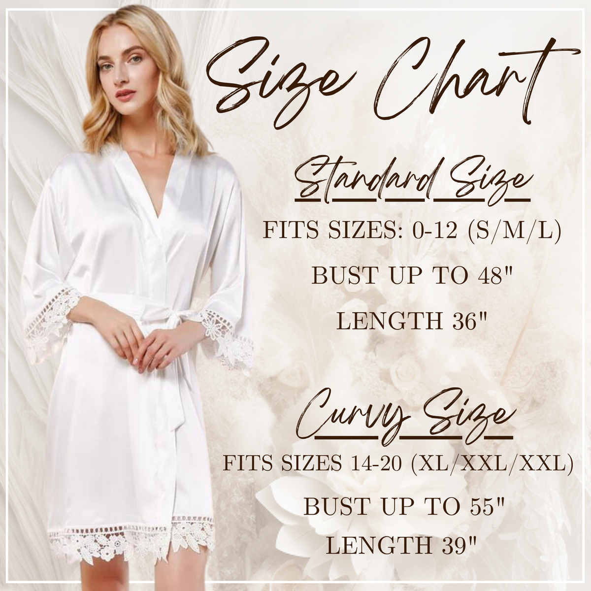 Size chart for Aurora mauve satin bridal robe, showing measurements for S–XXL