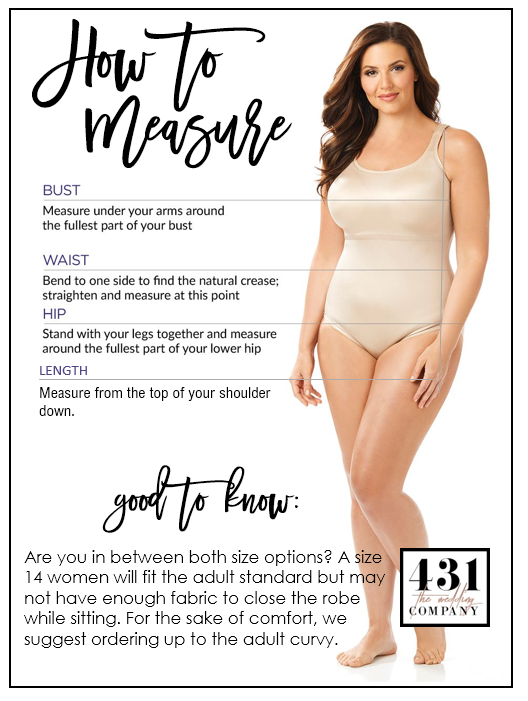 Measurement placement chart for Aurora oyster satin bridal robe with labeled dimensions for accurate sizing.